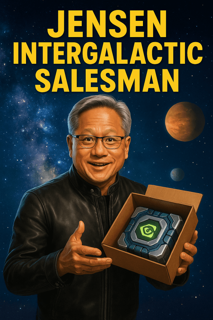 Jensen Huang vestito da venditore spaziale con scatola contenente tecnologia aliena davanti a uno sfondo di stelle e pianeti